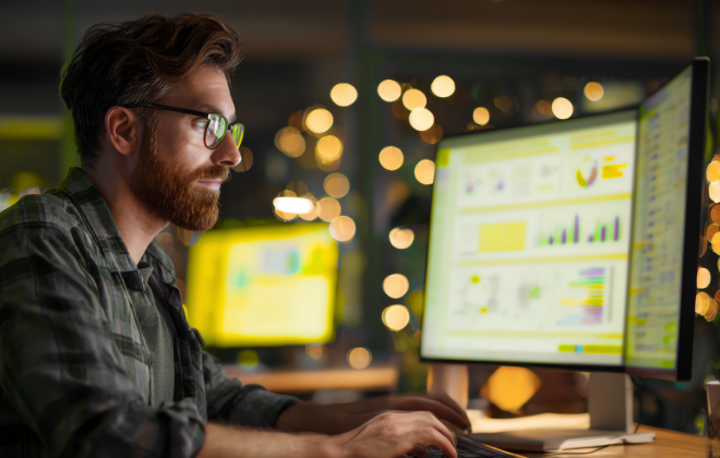 Man with beard and glasses at an office desk looking at 2 monitors with a QMS Dashboard